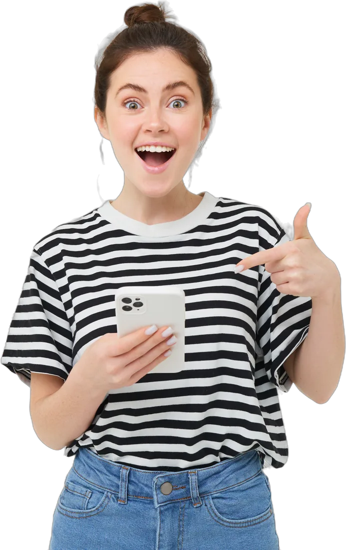 Smiling woman pointing at her phone